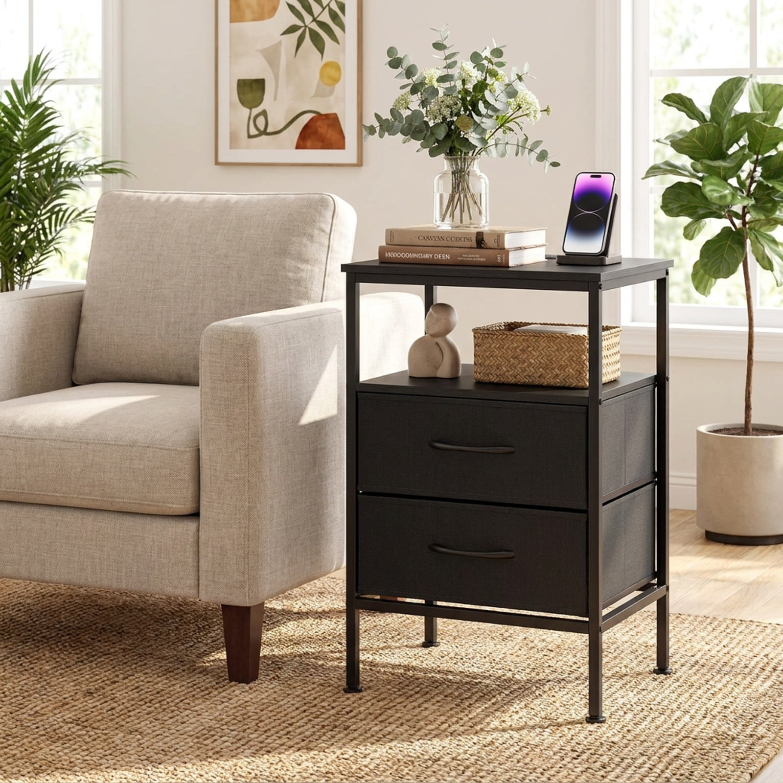 Furnibear Nightstand with Charging Station 24.5 inch Modern Bedside Table with 2 Fabric Drawers for Bedroom Living Room Bedside Sofa Side, Black