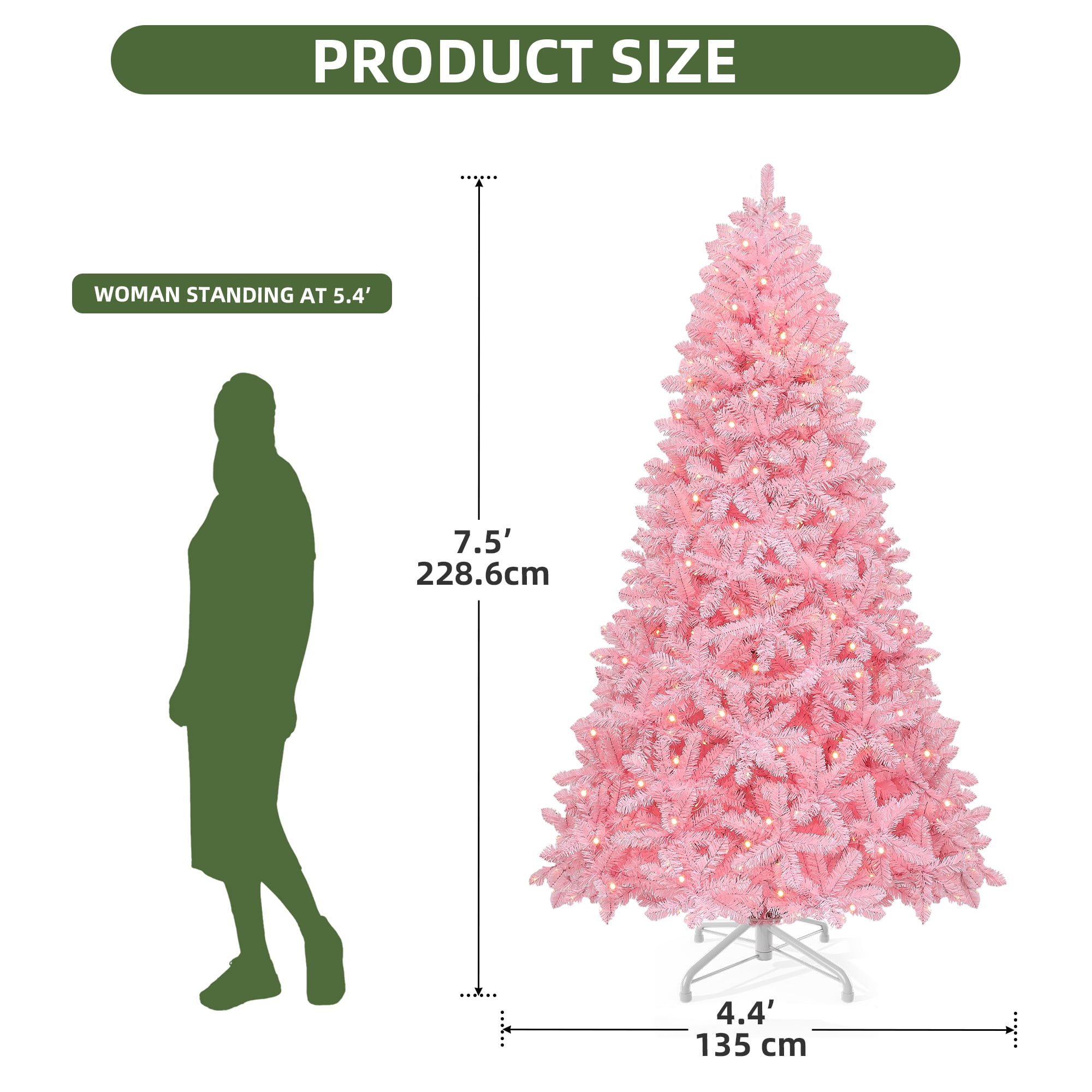 Uforic 7.5 ft Pre-lit Spruce Artificial Christmas Tree with 1350 PVC Tips & 550 Warm-White Lights, Pink