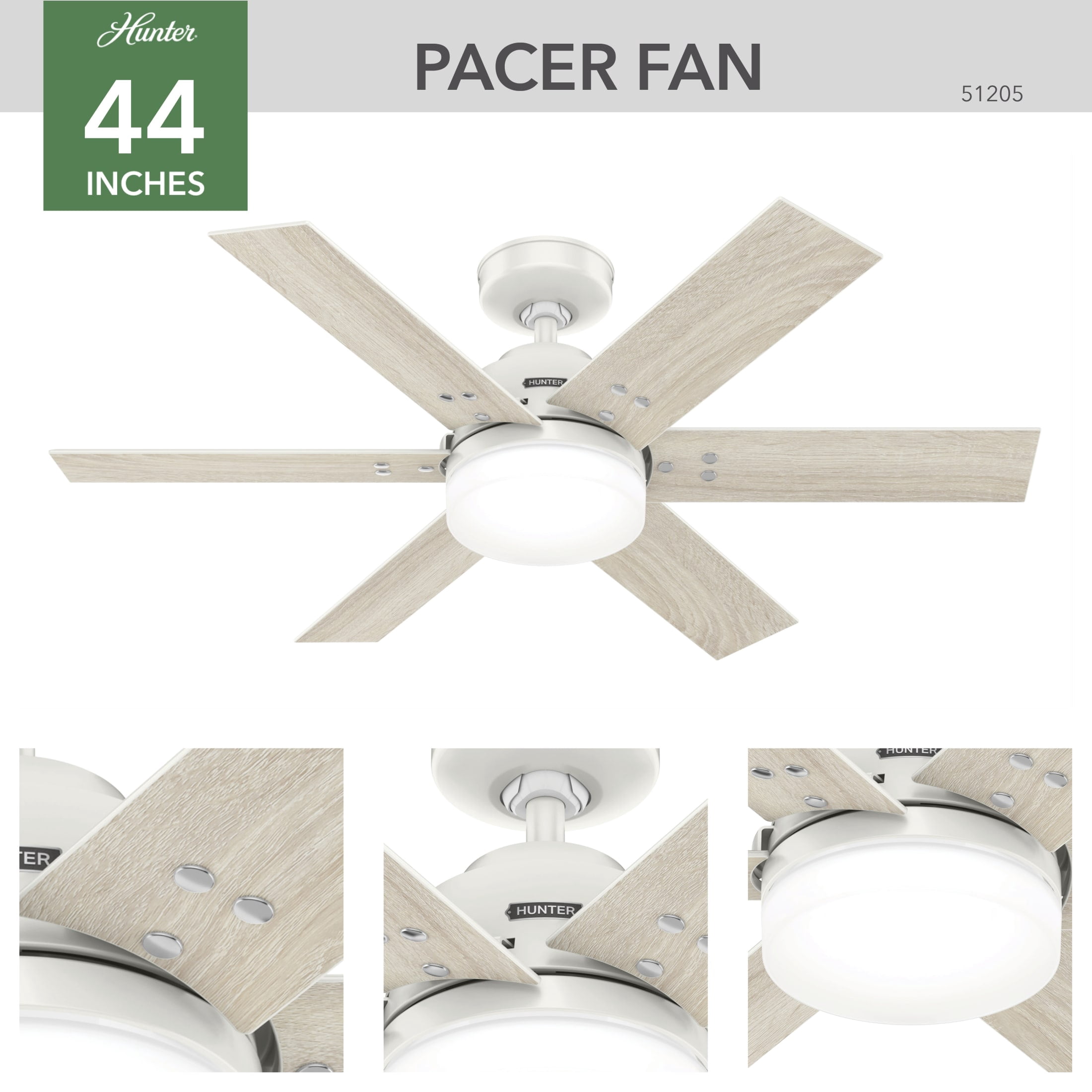 Hunter 44 inch Indoor Ceiling Fan with LED Light and Remote Control - White Ceiling Fan, Standard Mount, 6 Blades, For Bedroom, Living Room, or Kitchen, Quiet - Pacer 51205, Fresh White