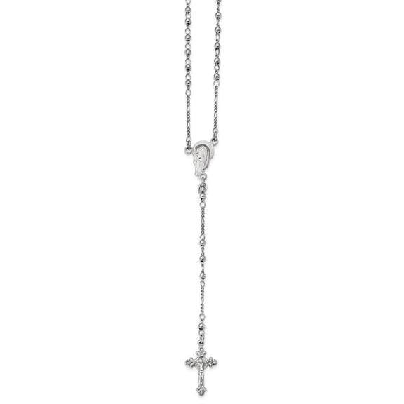 14.6mm Sterling Silver Rhodium Plated Polished Beaded Rosary Necklace - 11.5 Grams - 24 Inch