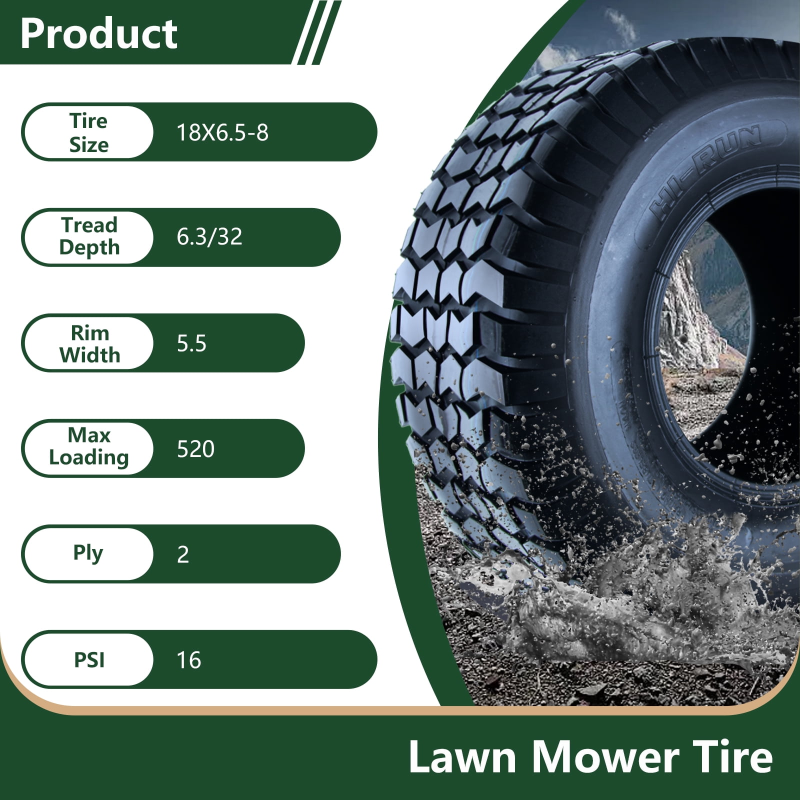 Hi-Run SU12 18X6.50-8 2PR Light Duty Lawn and Garden Tire