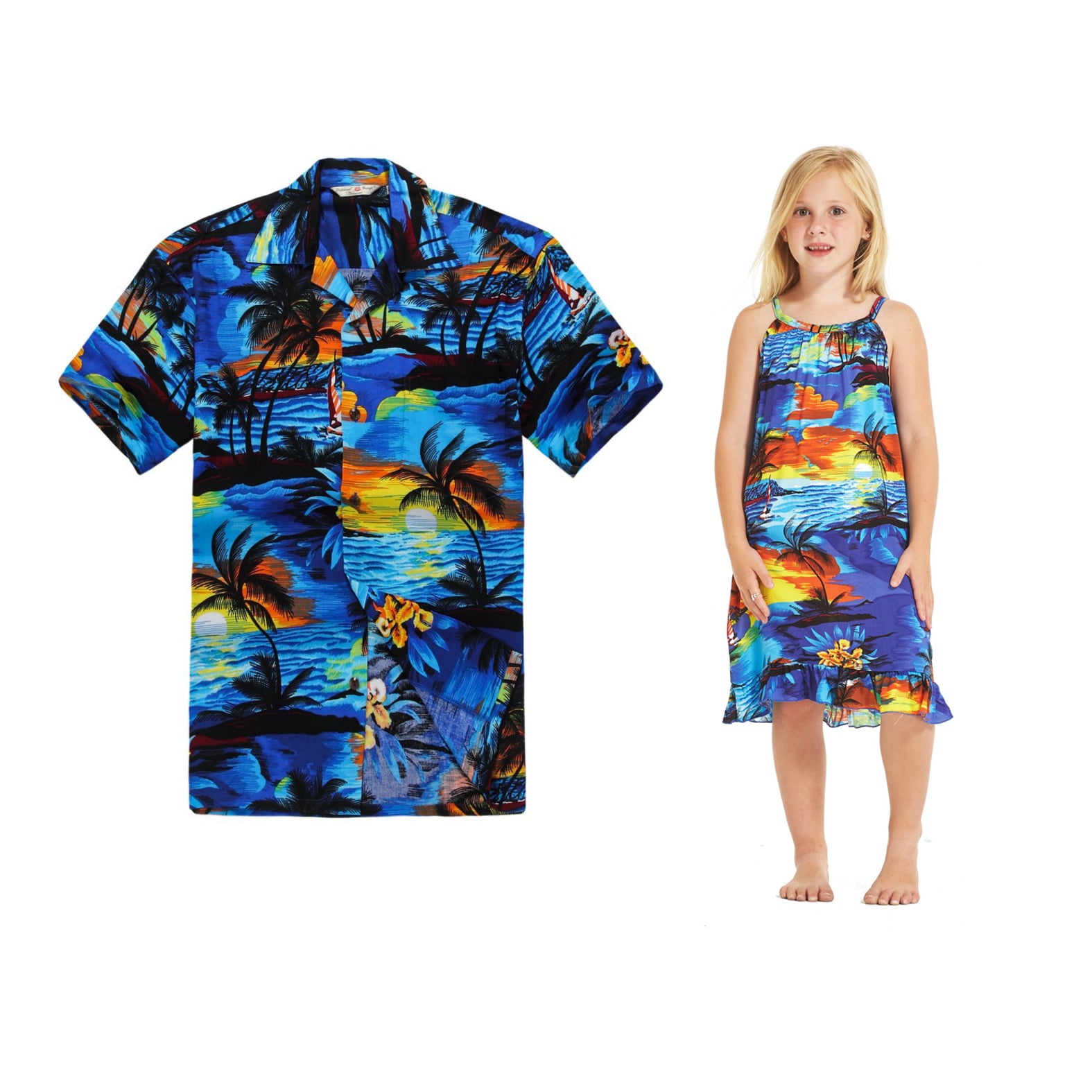 Father Daughter Matching Dress Shirt Hawaiian Dance Luau Party Blue Sunset 