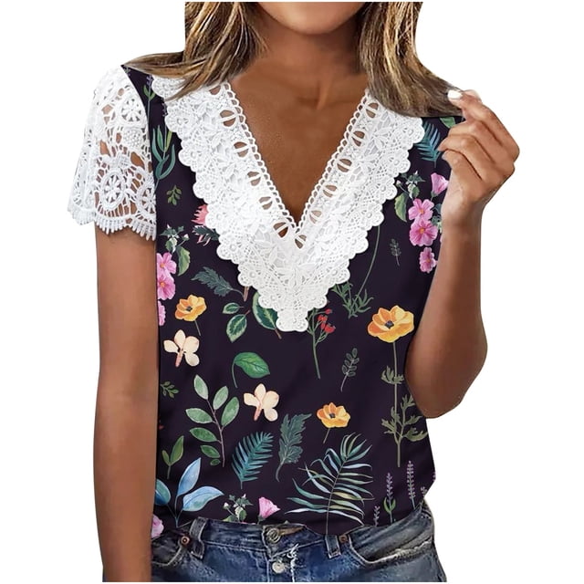 Mujeres moda verano Sexy pliegue impreso regular mujeres manga corta cuello en V botón Top OAVQHLG3B Store lin121212