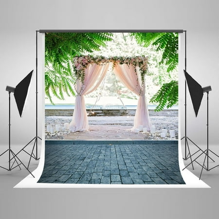 Image of MOHome 5x7ft Pink Flower Wedding Daughter Children Door Green Tree Backdrop Photography Background Props for Studio