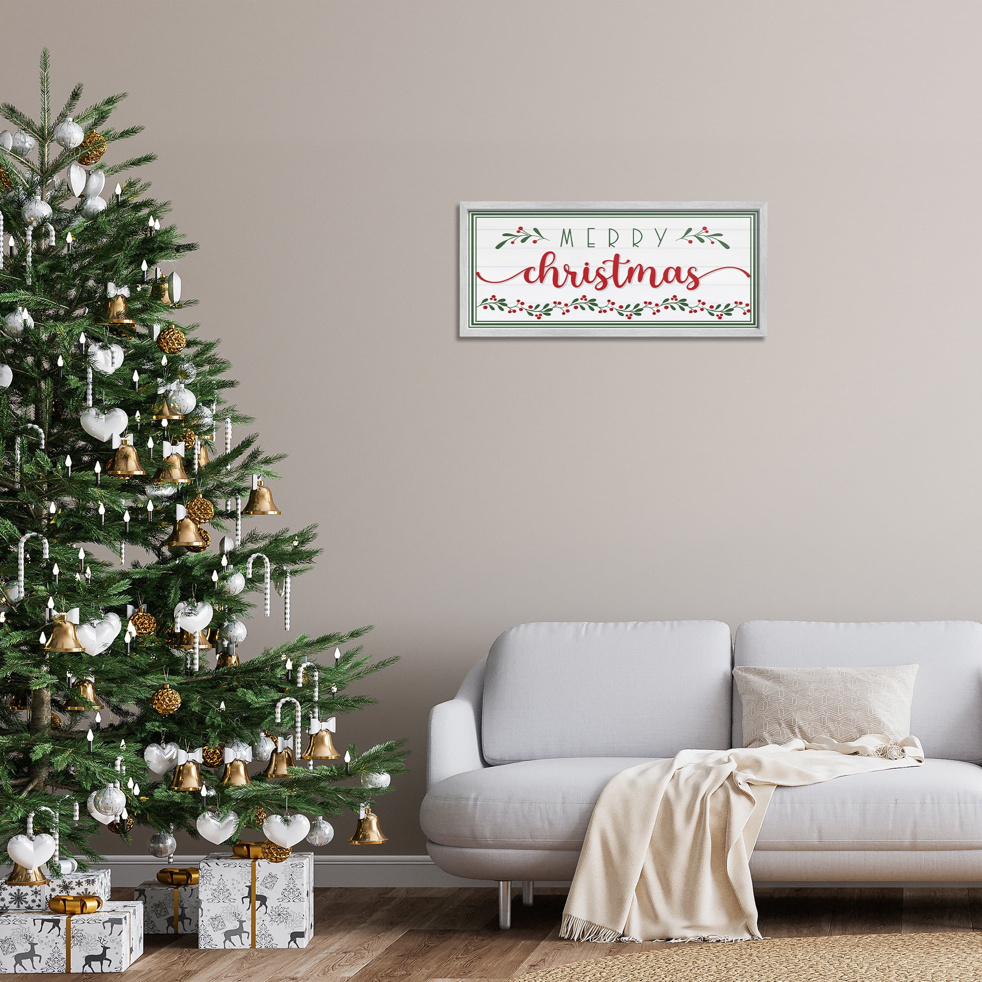 Stupell Industries Festive Christmas Phrase Holiday Painting Gray Framed Art Print Wall Art, 30 x 13