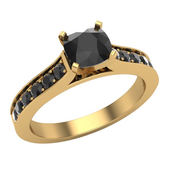 Black Diamond Engagement Ring for Women Solitaire Cushion 14K Gold 1.25 Carat (Black, AAA)