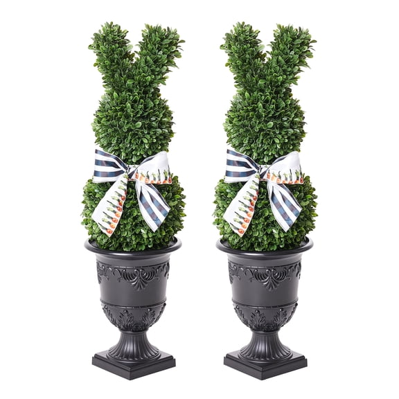 DR.Planzen 2 Pack 40-inch Easter Bunny Artificial Topiary in Decorative Urn Planter with Bow, UV-Resistant Faux Boxwood Indoor Outdoor Spring Decor