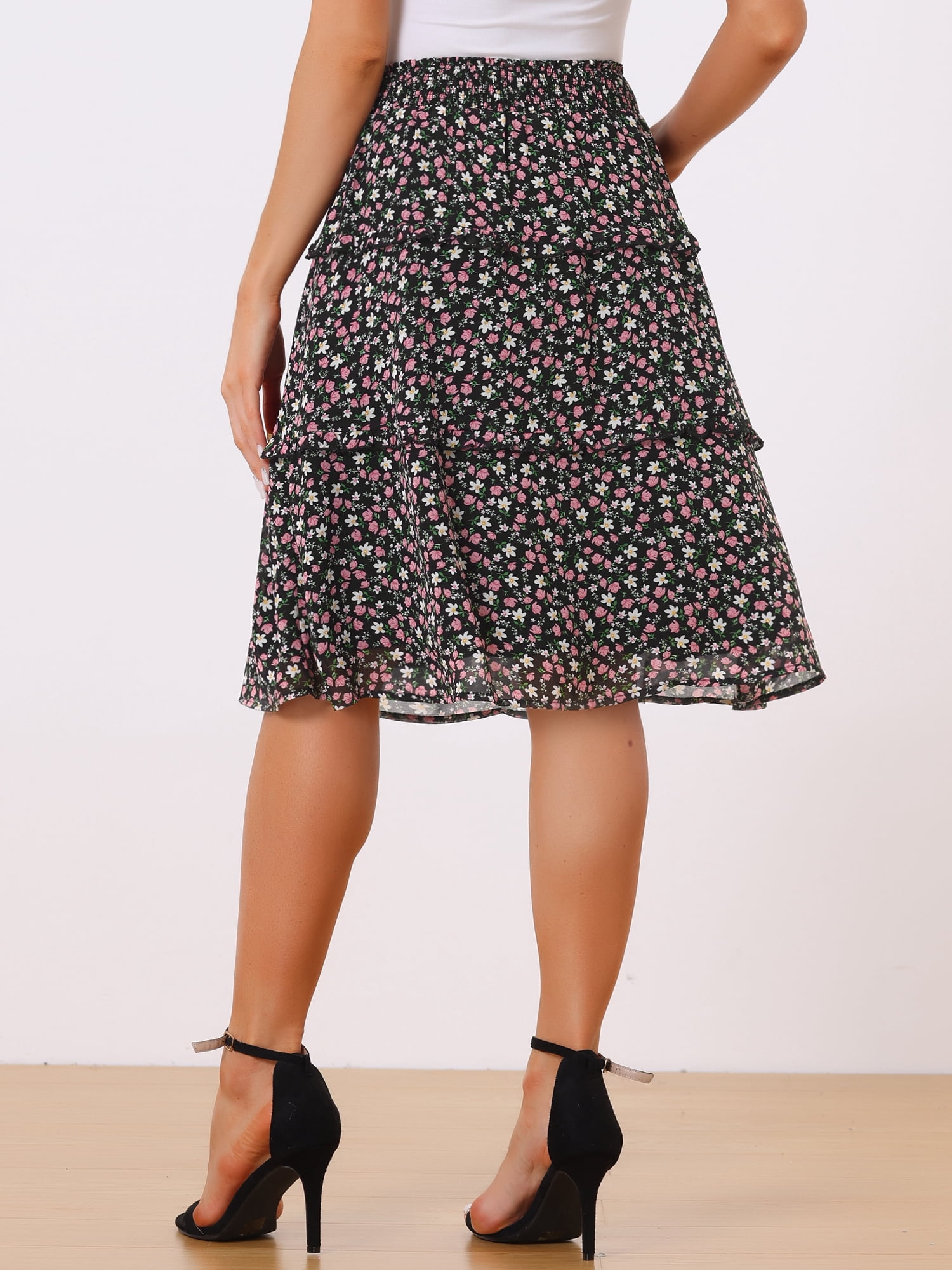 DARING DIVA Women's Floral Chiffon Layer Ruffle Hem Midi Skirt L Black1