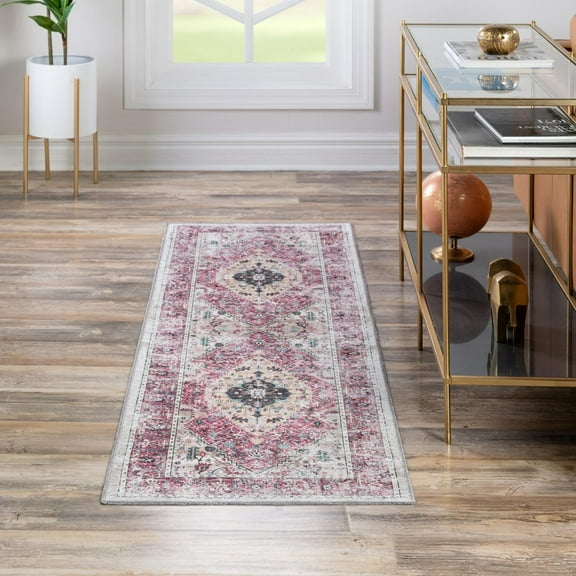 Unique Loom Yara Collection Area Rug - Yash (2' 7" x 10' Runner Light Coral Pink/Blue)