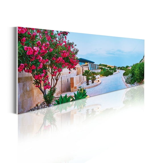 Cityscape Acrylic Glass Wall Art, Summer Time at Malta Blooming Garden and Coastal Modern Neighborhood, Panoramic Decor Living Room Bedroom & Dorms, 47" x 16", Blue Green and Pink, by Ambesonne