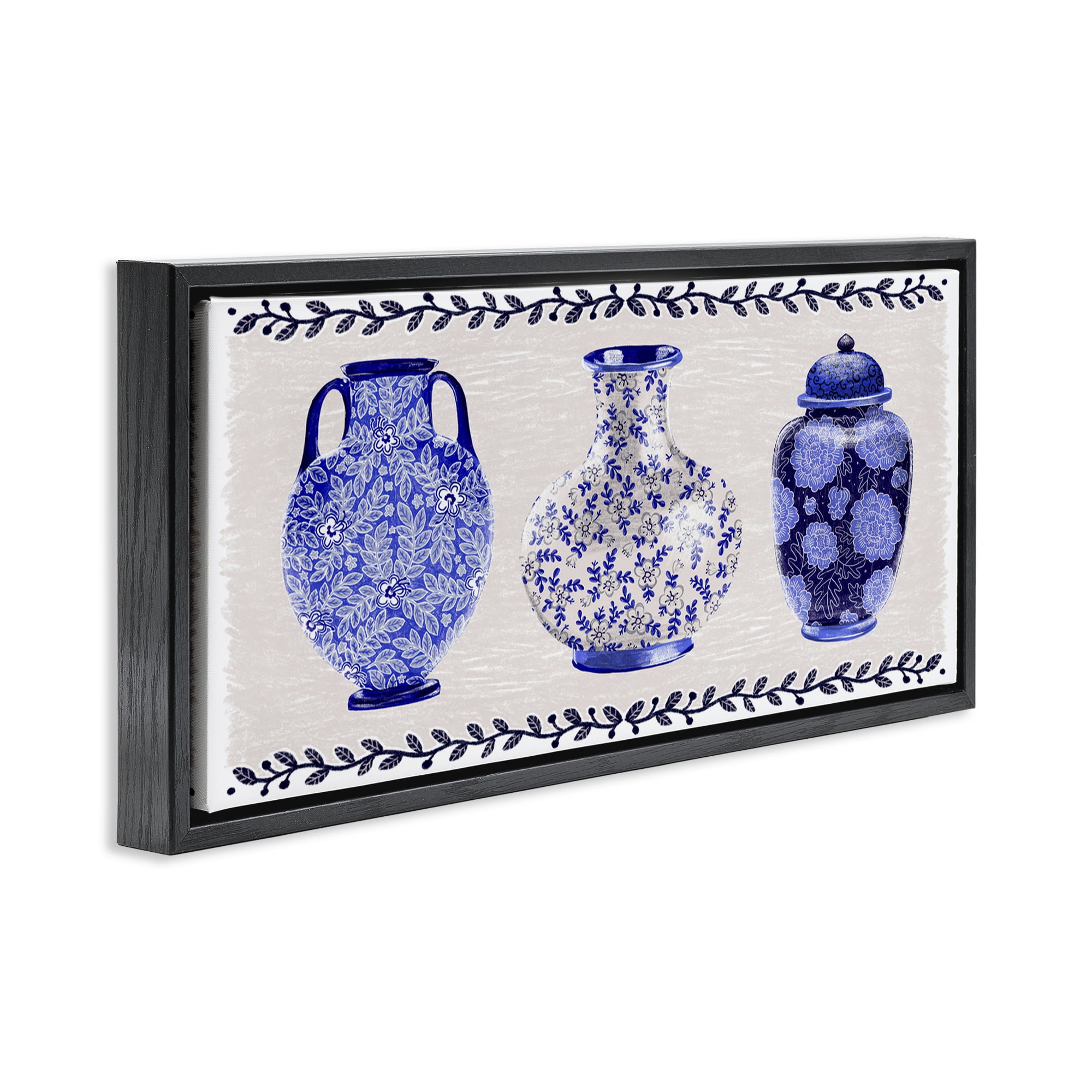 Stupell Industries Traditional Blue Vases Plants & Flowers Painting Black Floater Framed Canvas Art Print Wall Art, 25 x 11