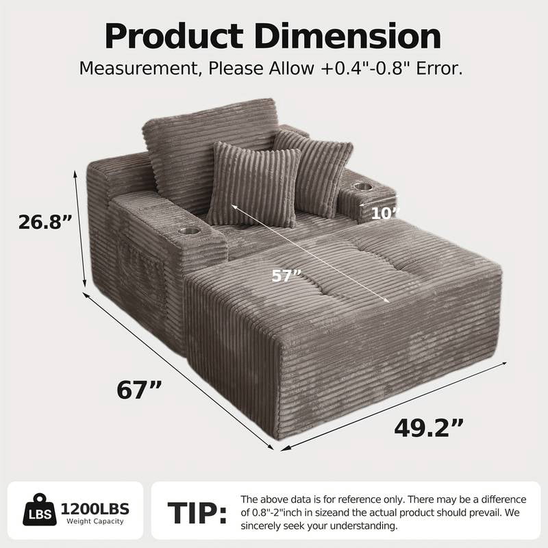 Liaroo 67" Chaise Lounge Chair Indoor, Oversized Boneless Sofa Bed, Deep Seat Sleeper Couch Reading Chairs, Cloud Sofas Couches with Cup Holder & Side Pocket for Living Room, No Assembly Required