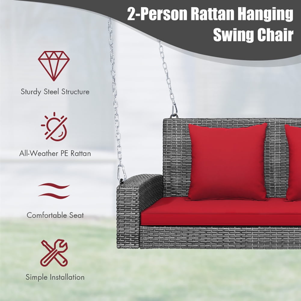 Aimee Lii 2-Person Patio PE Wicker Hanging Porch Swing Bench Chair Cushion 800 Pounds, Outdoor Patio Furniture, Red