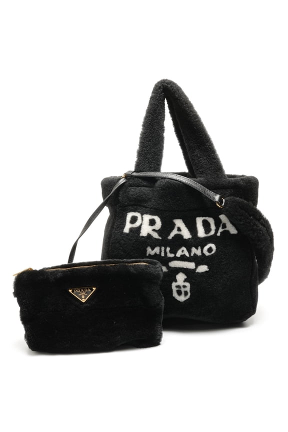Pre-Owned Prada Shearling and Sheepfur Logo 2-Way Handbag, Black, WS27109