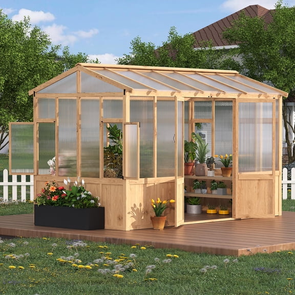 Ataujin Wooden Greenhouse, 8X12 FT Wooden Walk-in Greenhouse, Heavy Duty Outdoor Green House with 6mm Polycarbonate, Ventilated Window & Lockable Door for Lawn, Backyard, Patio