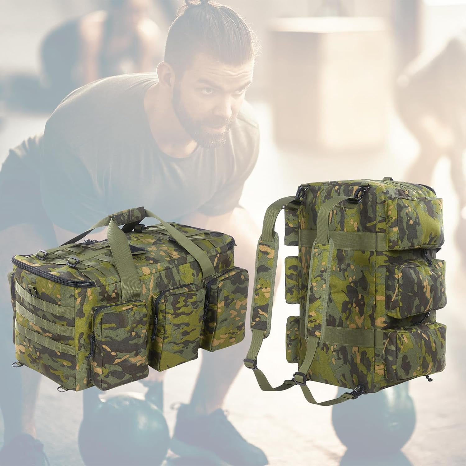 LuckySunDecorQZ 55L luggage bag with compartments and straps, suitable for men, large-sized sports and fitness luggage bag, suitable for weekend travel and camping(Camo Green)