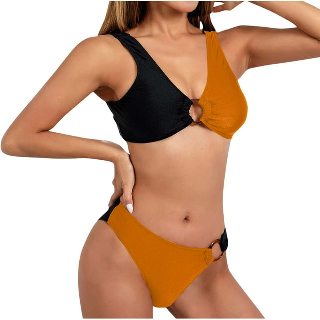Trajes de Baño de Bikini de Mujer, Bloqueo de Color Sexy Correa sin Espalda Bikini, Traje de Baño de Corte Alto Retro