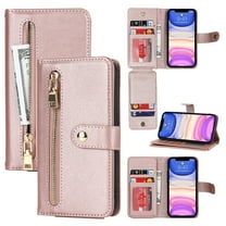 ELEHOLD Luxury Wallet Case for iPhone 11 (6.1") Card Slots Zipper Purse Stand Function with Crossbody Strap Wrist Strap PU Leather Shockproof Case for iPhone 11,Rosegold