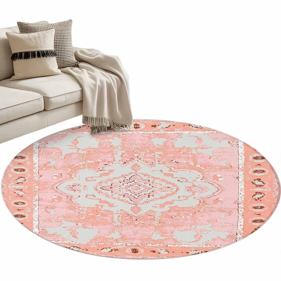 Round Rugs 3.3 Ft, Pink Boho Non Slip Area Rugs for Kitchen Bedroom Entryway, Vintage Abstract Tribal Decorative Oriental Washable Carpet Runner Rug Floor Mats for Bedroom Home Decor