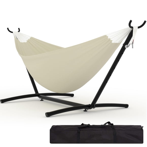 Hammock with Stand – Heavy Duty 2-Person Adjustable Steel – 500 lb Capacity – Portable Polyester Cotton – Waterproof Carry Bag – Patio, Garden, Camping & Balcony – Off white