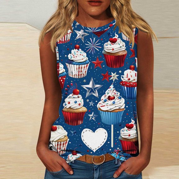 Frostluinai American Flag Tank Top Women Crew Neck Funny Graphic Tanks Sleeveless 4th of July Tunics Plus Size USA Flag Tee Shirts