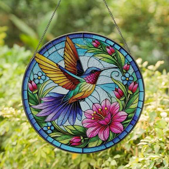 Lotusprinthandmade Colorful Floral with Hummingbird Stained Glass Suncatcher for Window Hanging Cir4in, floral hummingbird window hanging