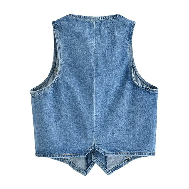 Pudcoco Veste en Jean Femme Sans Manches V Col Boutonne Gilet avec Poches pour Rue Decontractee Walmart