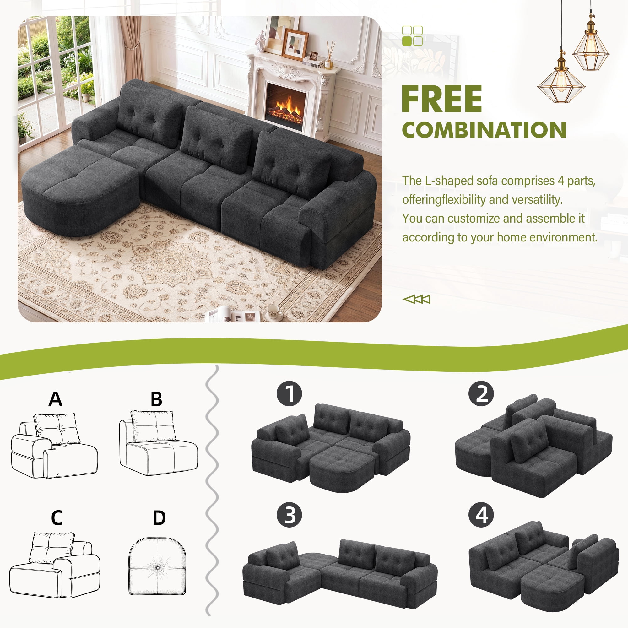 Aukfa 112" Modular Sectional Sofa with Chaise, Full-Foam Boneless Cloud Couch, Woven Chenille Oversized Deep Seat Sofa with 3 Pillows for Living Room, Dark Gray