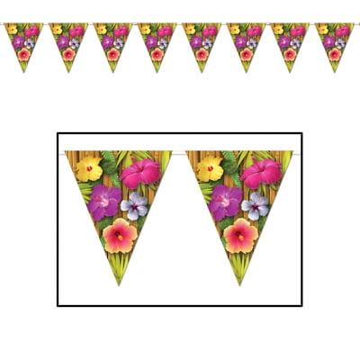 Pack of 12 Multi-Color Tropical Flower Hawaiian Luau Pennant Banners 12'