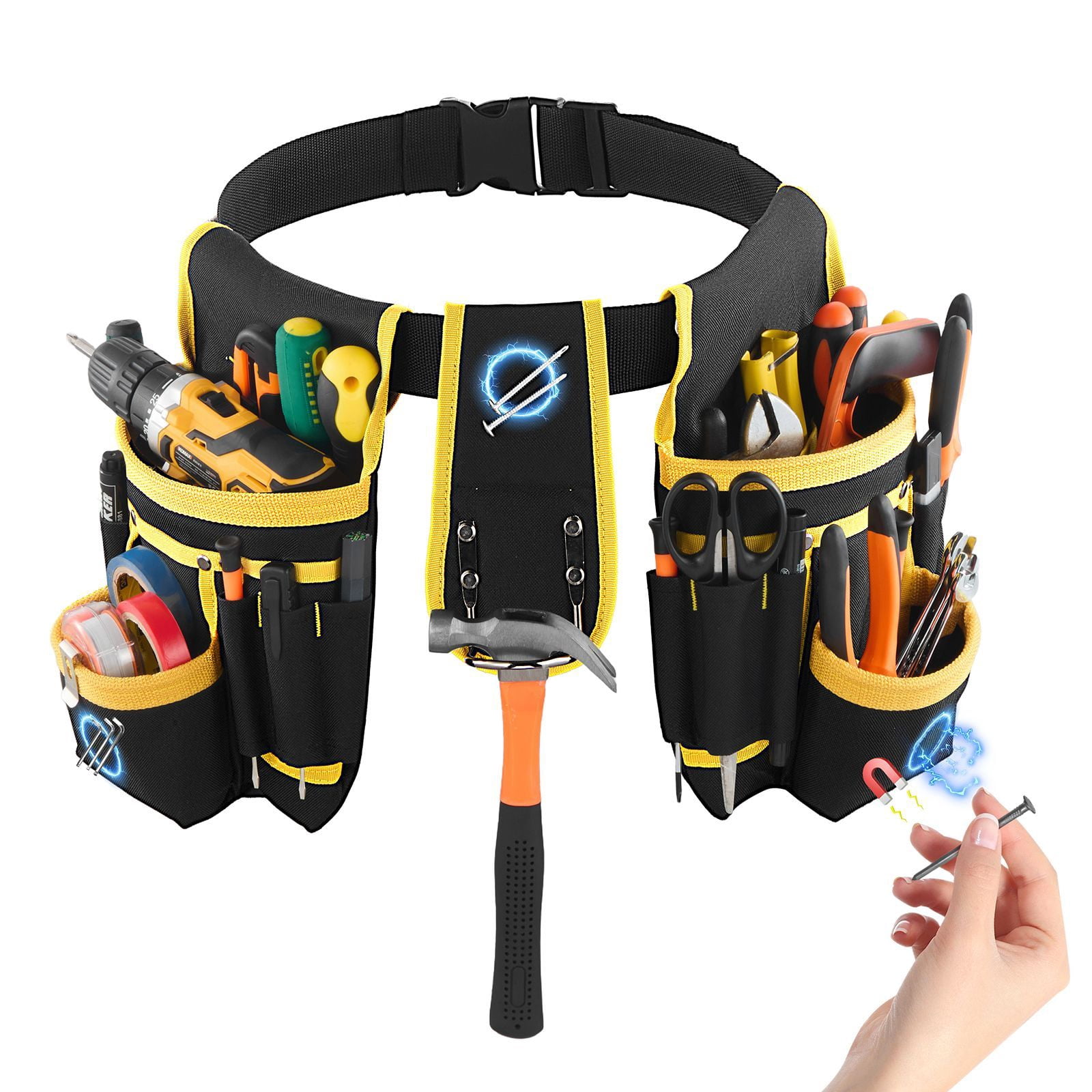 Tool Belt 28-Pockets, 600D Polyester Framers Belt with 3 Magnet Zones, Adjustable Waist 31-48 Inch, Abrasion and Tear-Resistant, Heavy-Duty for Carpentry and Construction