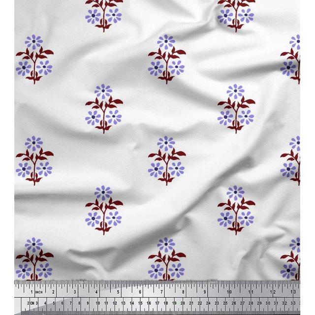 Soimoi Polyester Crepe Fabric Leaves & Floral Block Printed Craft Fabric by The Yard 52 Inch Wide