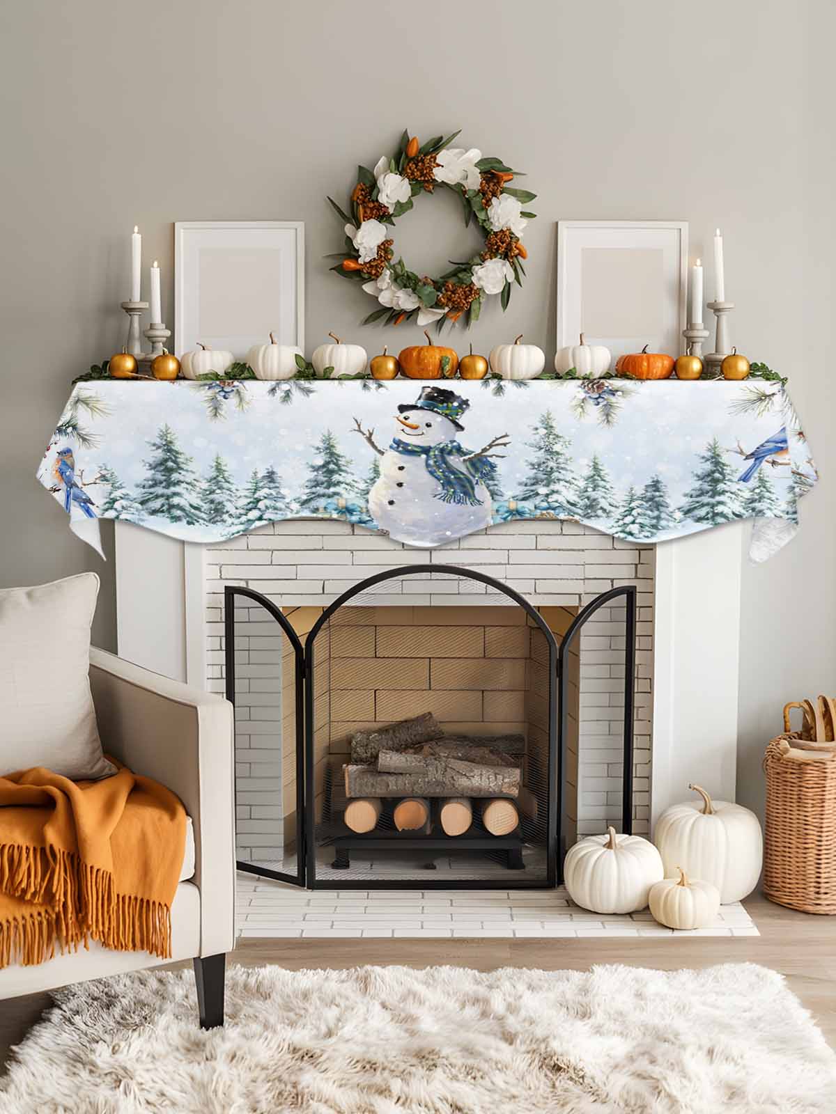 Christmas Snowman Fireplace Mantle Scarf Pine Leaf Forest Birds Berries Blue Snow Mantel Cover Runner Fireplace Cloth for Holiday Party Home Living Room Decor 70 x 17 Inch
