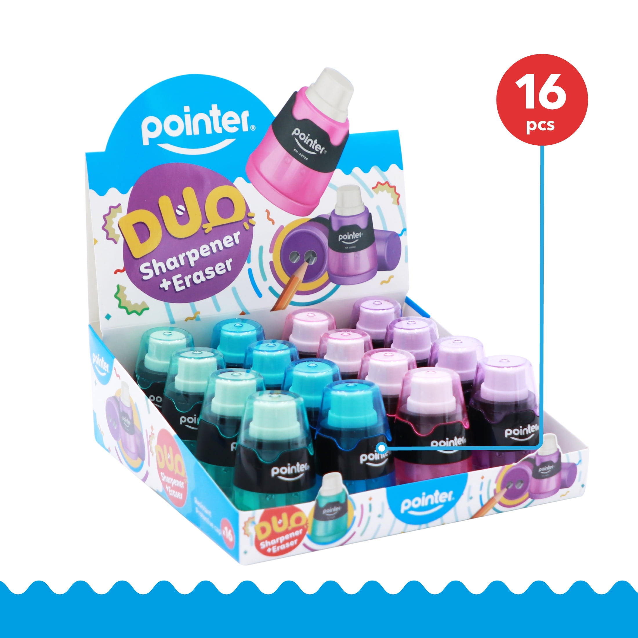Pointer DUO Manual Pencil Sharpener, Single-Hole with Built-In Eraser, Assorted Colors, 16 Count