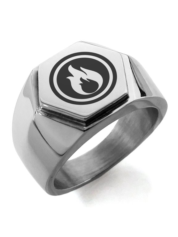 Stainless Steel Fire Element Rune Engraved Hexagon Crest Flat Top Biker Style Polished Ring