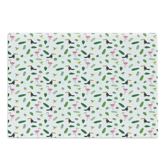 Island Cutting Board, Jungle Wildlife Pattern Pink Flamingos Hummingbirds Toucans and Green Palm Leaves, Decorative Tempered Glass Cutting and Serving Board, Large Size, Multicolor, by Ambesonne