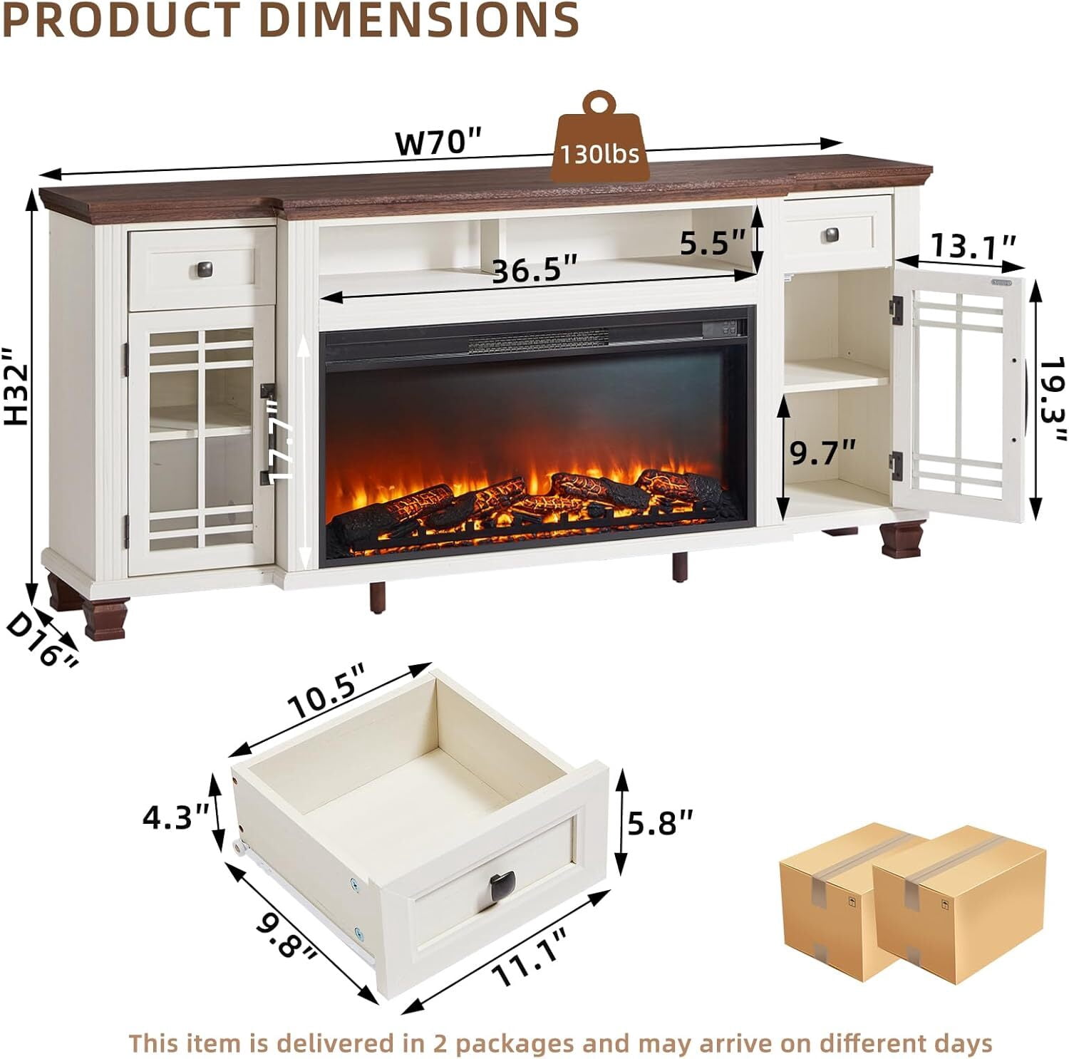Electric Fireplace TV Stand 70" TV Stand with 36.5" Electric Fireplace, Living Room TV Cabinet with Storage for TVs Up to 80", Led Entertainment Center, Modern Media Console, White