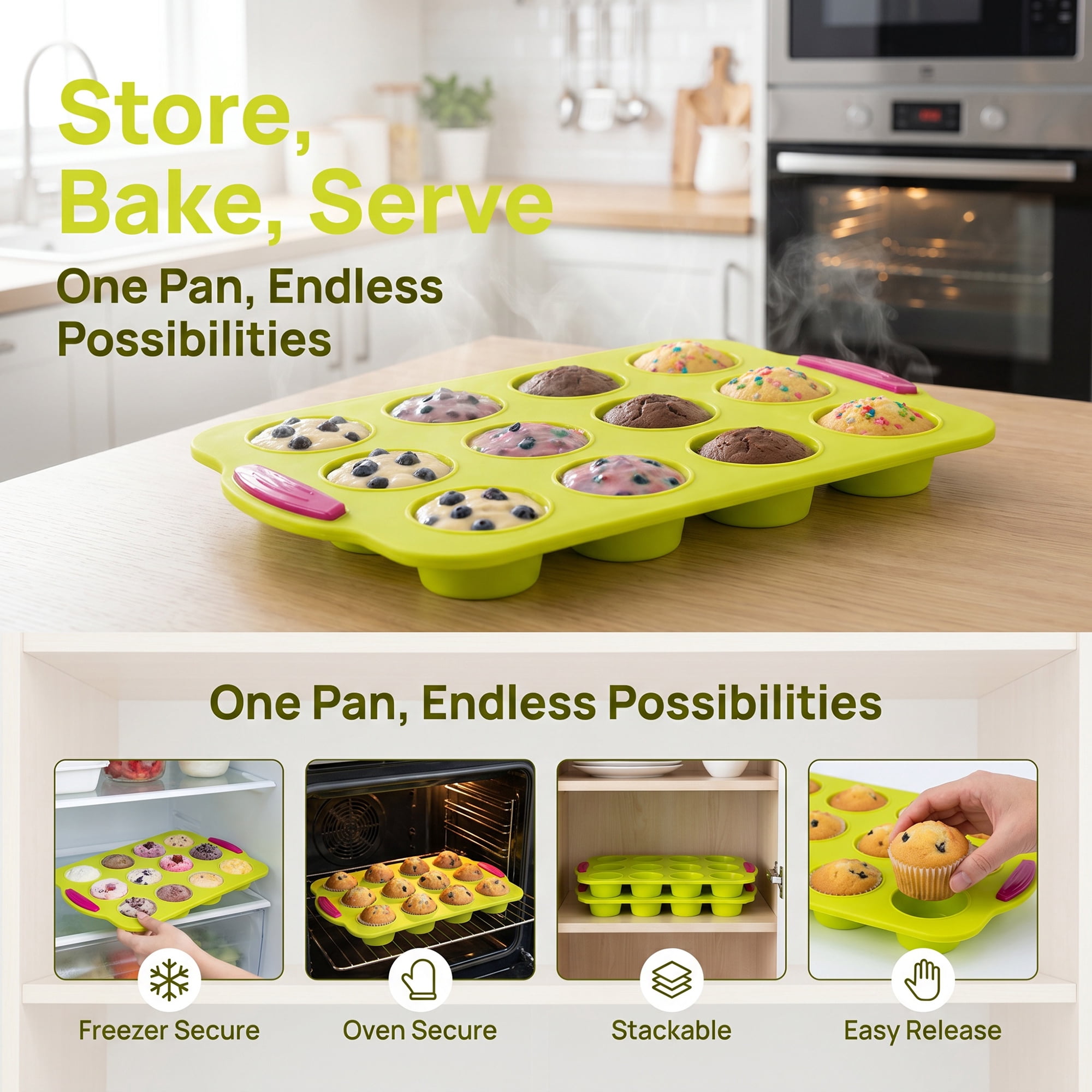 Unique Bargains Baking Pan 12-Cup Speckled Nonstick Silicone Tray for Bread Green 12"x7.9"