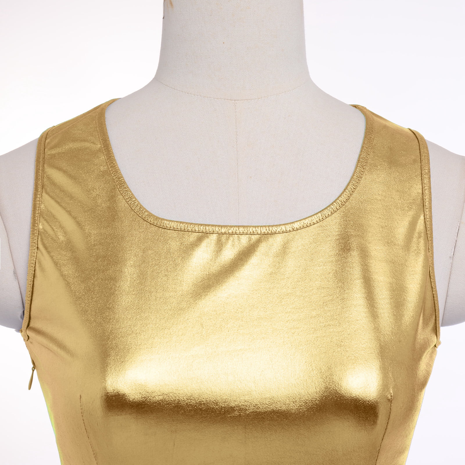 IBTOM CASTLE Women's Shiny Metallic Dress Sexy Sleeveless Mini Skater Dress Holographic Party Rave Dance Clubwear Anime Cosplay Halloween Clothes XL Gold