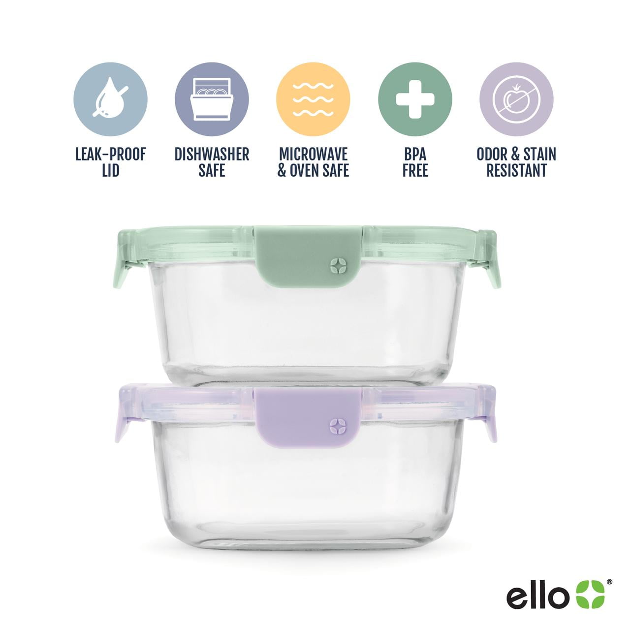 (2 pack) Ello Color Lock 3.4 Cup 2pk Round Glass Meal Prep Containers