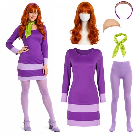 BUXULYP Halloween Costume for Women 2026 Adult Purple Mini Dress Cosplay Accessoires Set