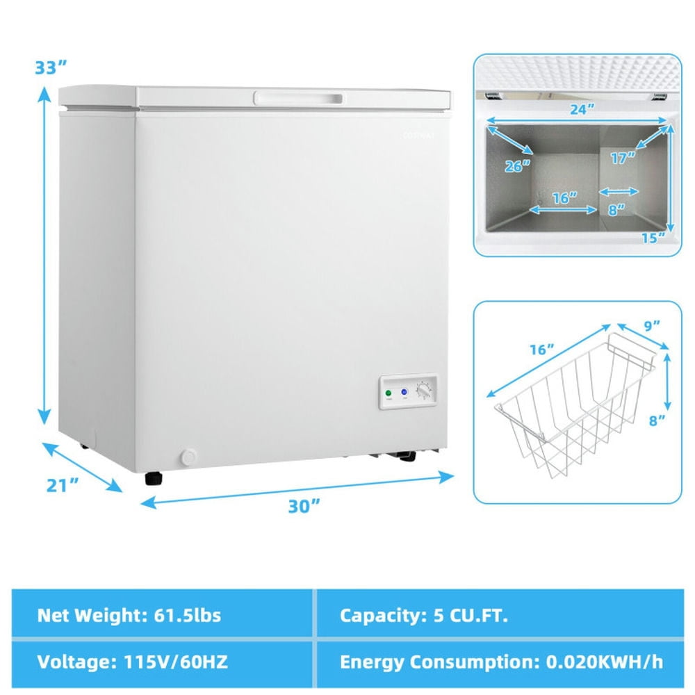 Spaco 5 Cubic Feet Compact Chest Freezer with 2 Rolling Wheels, Upright Chest Freezer with Removable Storage Basket, Freestanding Chest Freezer for Indoor as Kitchen, White