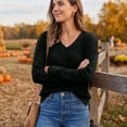 thumbnail image 4 of Women's Sweaters V Neck Ribbed Knit Long Sleeve Loose Fit Soft Lightweight Pullover Sweater Tops Cozy Fall Winter Basic Knitwear for Ladies Trendy, 4 of 6