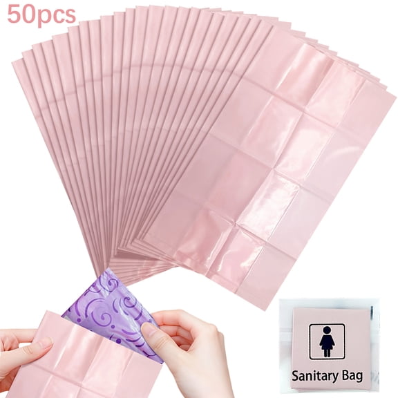 Disposable Sanitary Bags 50pcs Individually Wrapped - Plastic Odor-Resistant Pink, Tampon & Car Trash Bags for Female Hygiene, Personal/Pet Waste, Camping, Vomit
