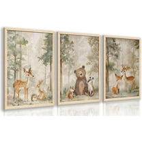 Hieng Woodland Animals Wall Hieng Set of 3, Baby Boy Wild Forest Animals Wall Decor, Deer Bear Fox Canvas Painting, Neutral Aesthetic Pictures for Kids Room Benroom Nursery Wood Framed
