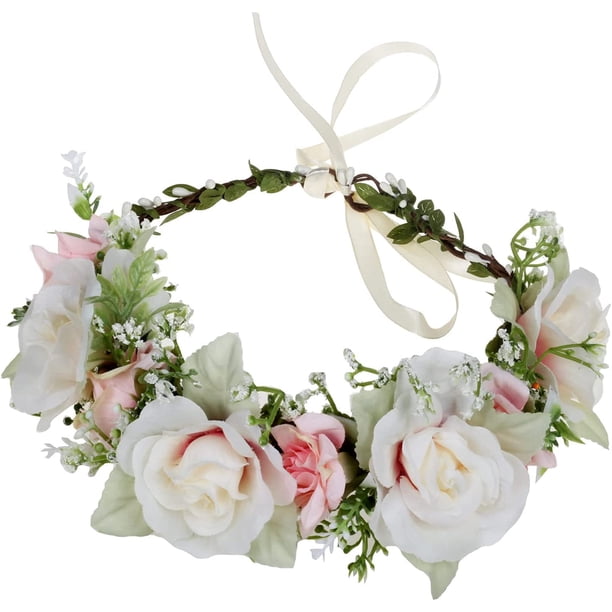 Corona de flores nupciales Corona floral Diadema Corona para el cabello Guirnalda para el cabello Flor Halo Tocado floral Boho con cinta Fiesta de bodas Blanco