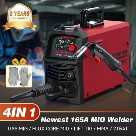 ARCCAPTAIN 165A MIG Welder 110V/220V 4-in-1 Gas/Gasless MIG｜Lift TIG｜Stick｜Synergy IGBT｜Large LED｜2T/4T