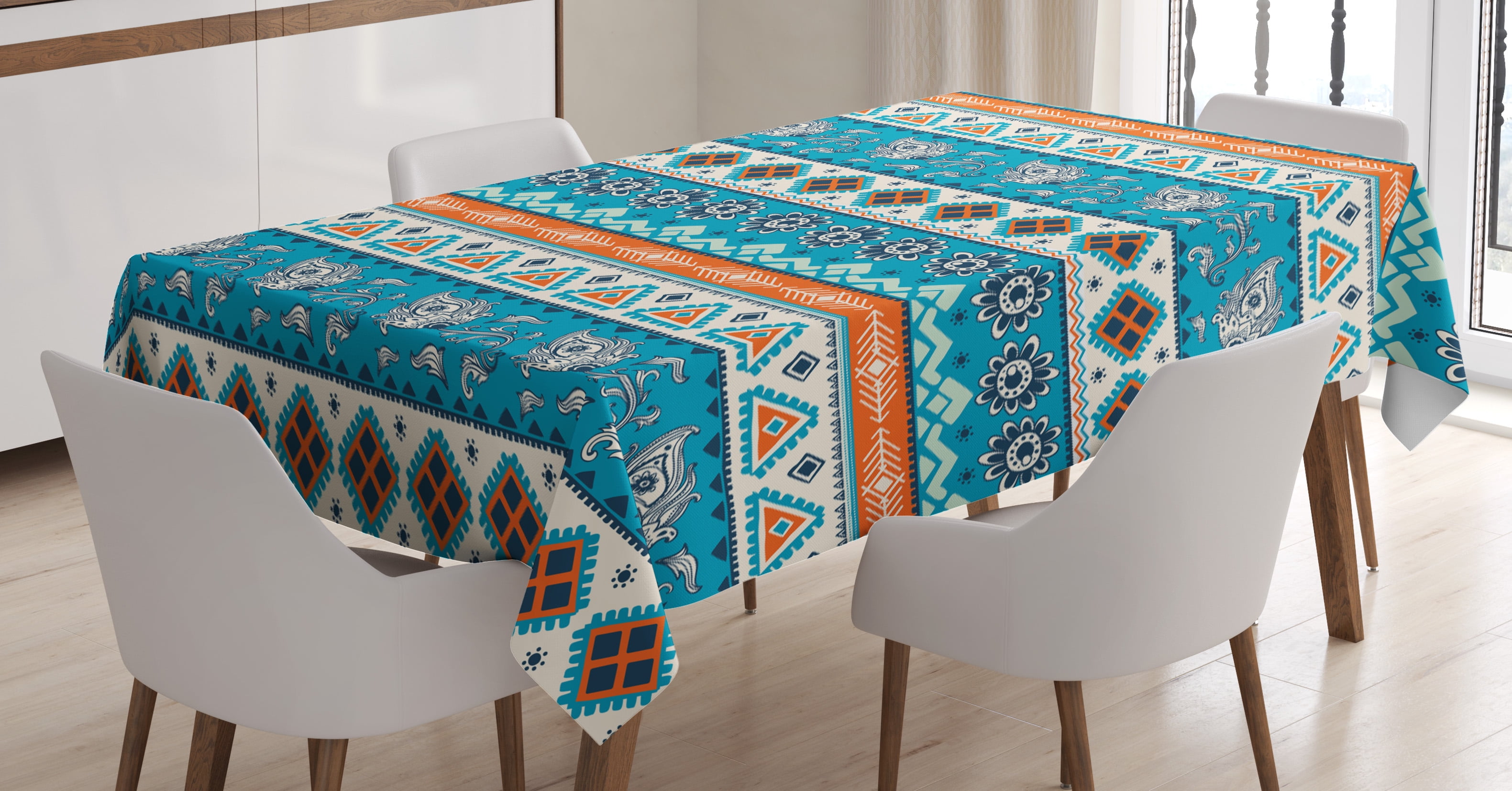 Tribal Decor Tablecloth, Aztec Indian Print with Persian Tulips Floral Spring Bohemian Art
