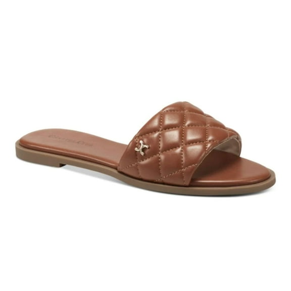SAFFIEE Cognac Flats Slip On Quilted Round Toe Women's Sandals