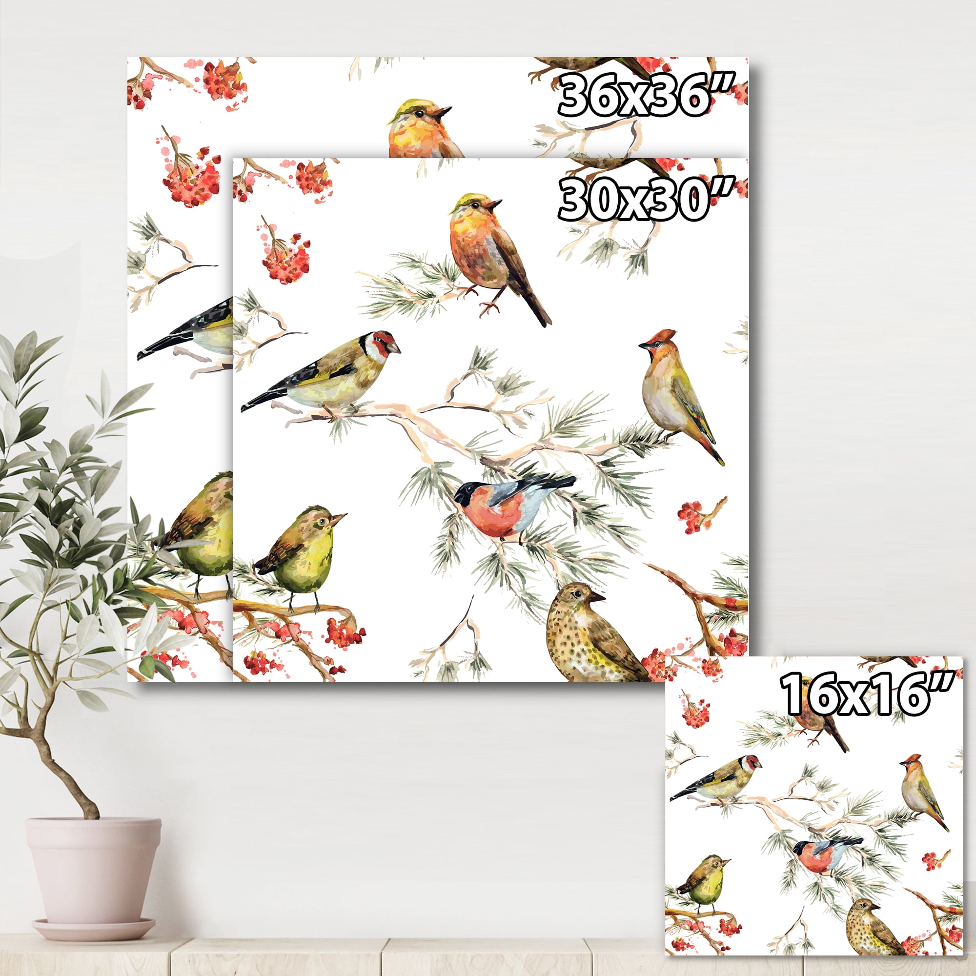 Designart ' Forest Birds Sitting On Branches ' Traditional Canvas Wall Art Print