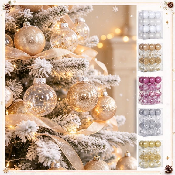 Fllostpr 24PC Glitter Christmas Ball Ornament Set, Festive Shatterproof Hanging Decor for Xmas Tree Wreath Garland Mantel, Gold 2.4"